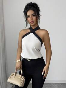 Selianne Black & White Contrast Elegant Halter Neck Top, Suitable For Vacation & Party - Multicolor - View 6