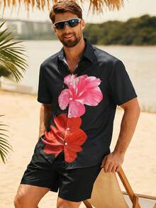 Manfinity VDAYZ Summer Men's Casual Floral Print Button-Front Short Sleeve Shirt And Shorts Set, Summer Hawaiian Dress Shirt For Men Men Tropical Shirts Hibiscus Shirt Flower Shirt For Men Luau Shirt - Multicolor - View 3