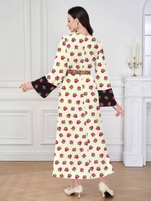 SHEIN Najma 女士花卉藤蔓图案数码印花V领长袖优雅阿拉伯风格长款连衣裙，春季 - 彩色 - 查看 2
