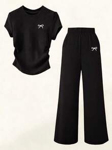 Sparklyn Teen Girls Cinched Waist T-Shirt And Wide Leg Pants Set, Casual Butterfly Print Top With Loose Wide Leg Pants, Black 2-Piece Outfit - Black - View 1