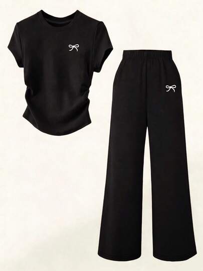 Sparklyn Tonårsflickor med t-shirt med åtsittande midja och vida byxor, avslappnad topp med fjärilstryck och lösa byxor med vida ben, svart 2-delad outfit