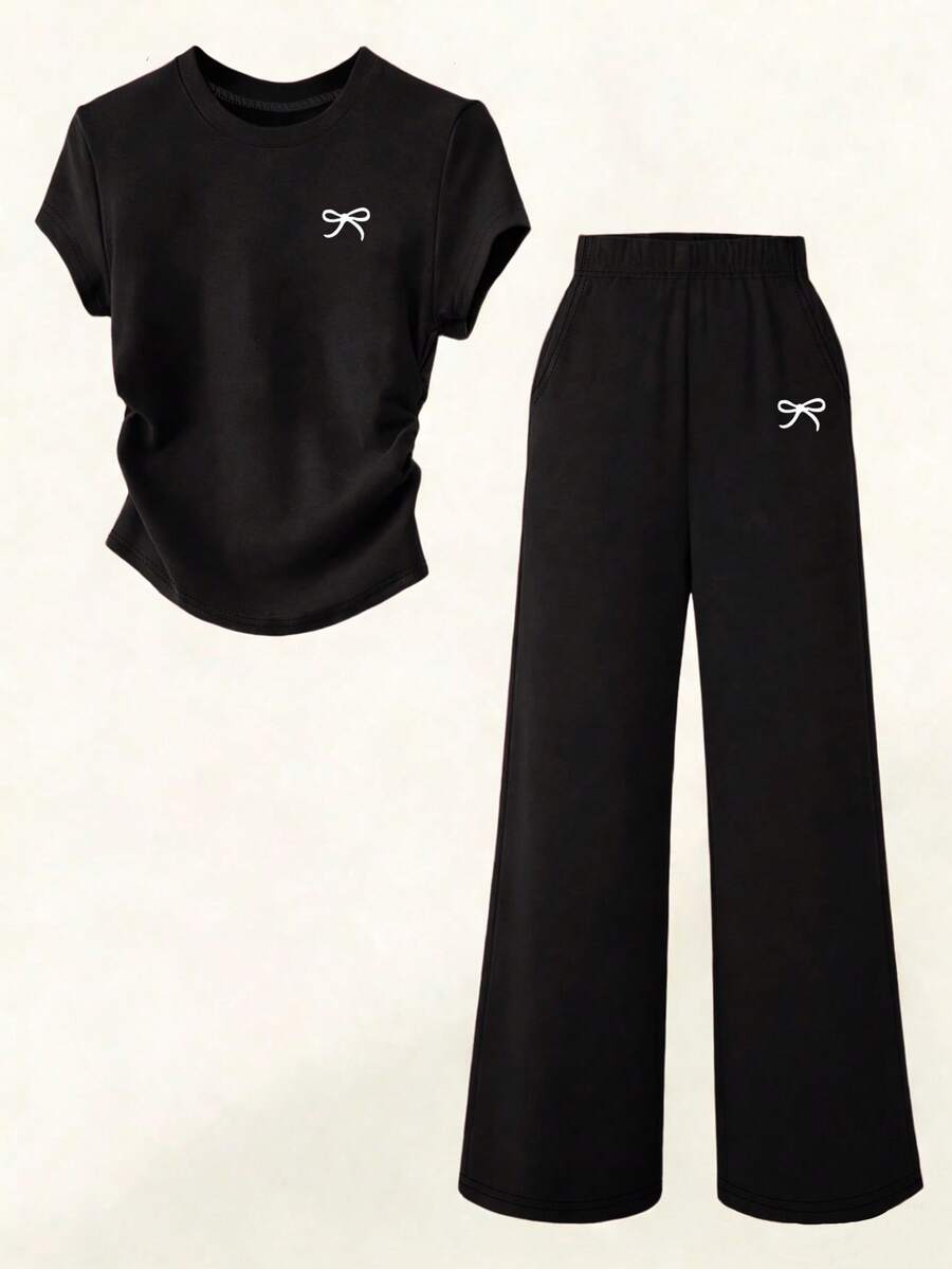 Sparklyn Teen Girls Cinched Waist T-Shirt And Wide Leg Pants Set, Casual Butterfly Print Top With Loose Wide Leg Pants, Black 2-Piece Outfit - Black - View 1