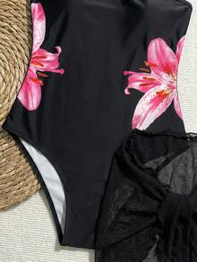 SHEIN 少女夏季休闲海滩、学校、游泳课、欢乐假期，黑白撞色花卉镂空连体泳衣，网纱系带细节 - 黑色 - 查看 5