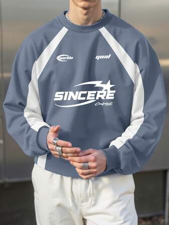 Manfinity Roghcode Moletom Masculino Gráfico de Gola Careca, Manga Raglan, Caimento Solto, Streetwear Esportivo Azul dos Anos 90, Malha Streetwear, Outono