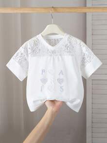 SHEIN Explorewe Maglietta estiva casual da ragazza con patch in pizzo, cuori ricamati e lettere - Bianco - Visualizzare 3