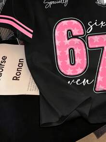 SHEIN 热销新品：女士黑粉撞色个性化短袖T恤，适合日常穿着、通勤和休闲外出。春夏百搭款式。 - 彩色 - 查看 4