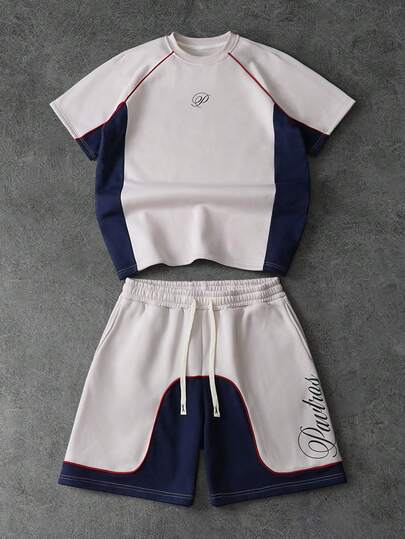  Conjunto deportivo de 2 piezas PAVTROS Manfinity Streetrush para hombre, con camiseta de cuello redondo y pantalones cortos con cordón elástico en la cintura, diseño de bloques de color, rayas de contraste y logotipo refinado, ideal para jóvenes, atletas, casual, vuelta al colegio, ocio, exterior, gimnasio, regalo de cumpleaños, regalo para novio, estilo deportivo casual