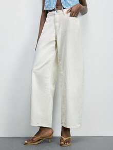 Maija Women's White Low-Rise Curved Wide-Leg Jeans, Summer Casual Women's Cropped Pants - White - View 7