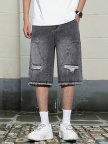 Teen Boy Distressed Washed Denim Shorts, Streetwear Style