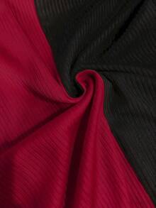 Franclia Women's Color Block Asymmetric Shoulder Long Sleeve T-Shirt, Ribbed Knit Top, Spring/Autumn - Red and Black - View 4