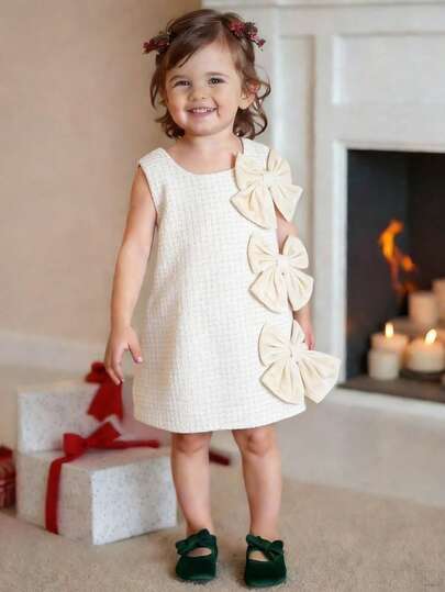 Playful Pals Baby Girls' Princess Style Round Neck Sleeveless Dress With Front Bow & Invisible Back Zipper, Autumn/Winter
