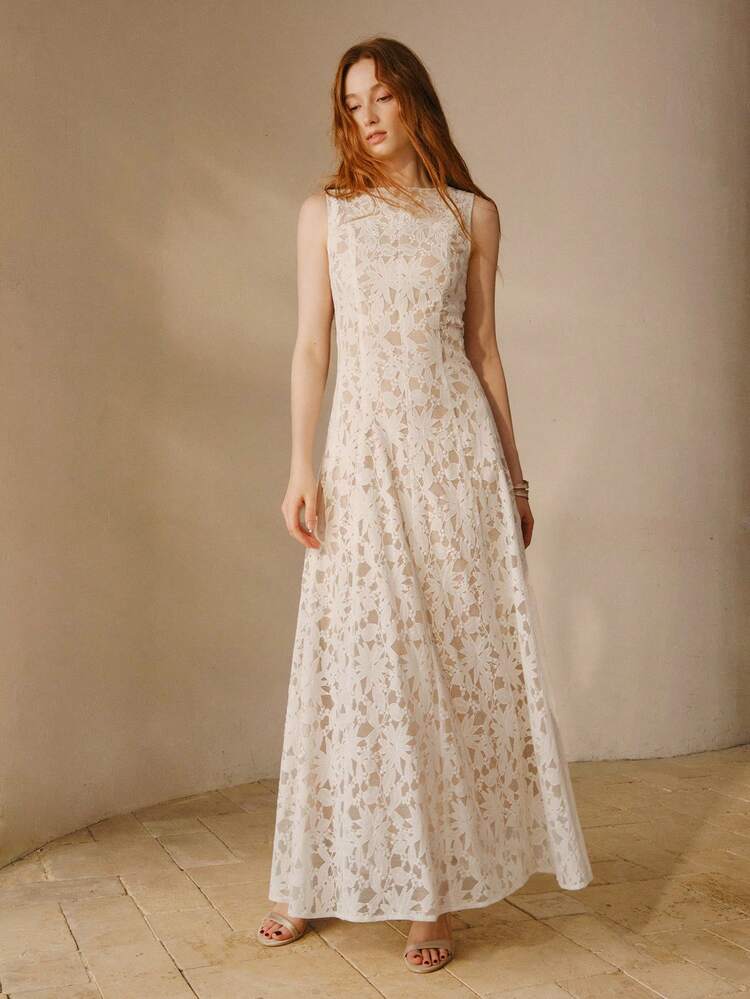 WOMEN'S LACE PANEL DESIGN ROUND NECK SLEEVELESS WAIST FLARED ELEGANT ROMANTIC EVERYDAY DRESS