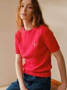 MOTF PREMIUM WOMEN'S BOW EMBROIDERY SHORT SLEEVE CABLE KNIT TOP - Red - View 2