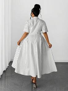 Maweii Retro American Casual Striped Print Plus Size Shirt Dress - White - View 6