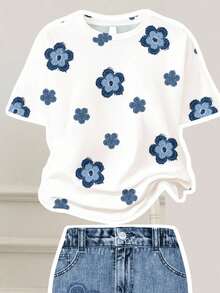 SHEIN Leap Crew 复古花卉印花休闲宽松短袖圆领 T 恤和喇叭裤两件套，适合秋季 - 彩色 - 查看 5