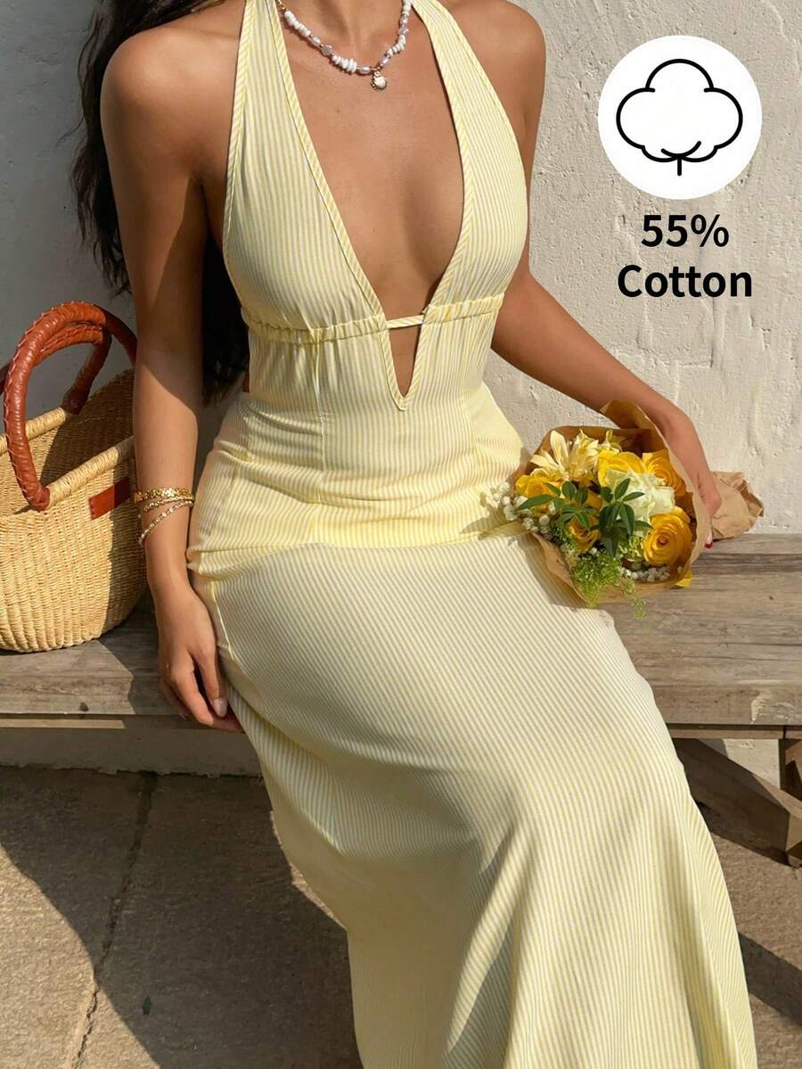 Optris Blue & White Striped Deep V-Neck Backless Tie-Up Waist A-Line Sleeveless Jumpsuit Dress, Elegant Sexy Cute Suitable For Vacation, Beach, Commute, Party, Daily Wear, Dating, Spring/Summer/Autumn - Yellow - View 1