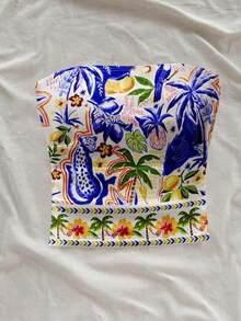 Soleia Women's Casual Island Coastal Theme Hand-Painted Coconut Palm, Tropical Plant & Leopard Print Tube Top, Sexy Blouse For Beach, Pool Parties, Summer Vacation, Vacation Outfit, Sexy Cute Coconut Girl, B Spring - Multicolor - View 6