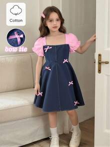 Adorable Tween Girls A Line Denim Dress Square Neck Puff Sleeve Dark Wash Midi Skirt Bow Tie Detail - Dark Wash - View 10