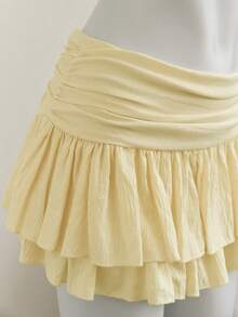 Elamini 米色褶皱高腰低腰双层雪纺半身裙，度假风迷你裙 - 淡黃色 - 查看 4