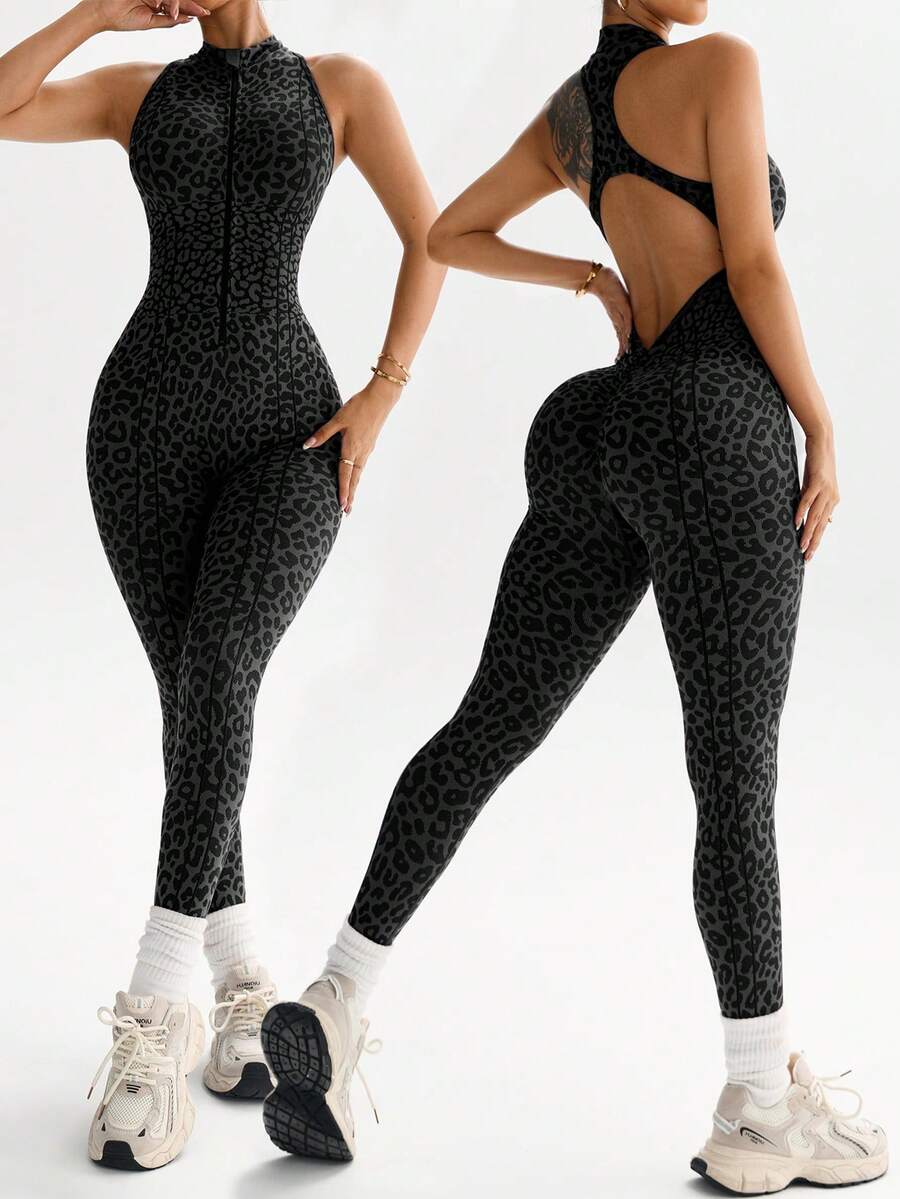 Dewbera 1pc Women's Seamless Sexy Front Zipper Stand Collar Racerback Sleeveless Deep V-Back Yoga Gymnastics Dance Exercise Jumpsuit Activewear Jumpsuit Leopard Print Gym Jumpsuit Seamless Workout Jumpsuit Backless Yoga Jumpsuit - Multicolor - View 1
