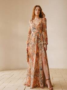 MOTF Soiréza 钻石领长灯笼袖及地雪纺派对礼服，修身剪裁，适合春秋季节