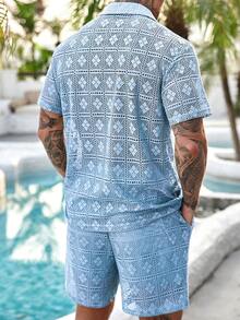 Manfinity RSRT 男士度假休闲镂空针织衫短裤套装 男士度假短裤套装 男士两件套 夏季蓝色两件套 男士两件套休闲短裤套装 男士浅蓝色短裤套装 - 淺藍色 - 查看 2