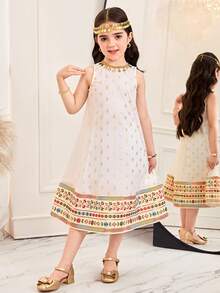 SHEIN Young Girl Elegant White Summer Party Gold Foil Print Sleeveless Dress,Cute Floral & Cartoon Print Casual Modest Kaftan,Jalabiya Muslim Kids Dresses - Gold - View 4