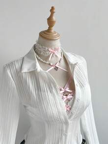 Elamini White Textured Bubble Striped Fabric Ruffle Collar Open Front Button Down Long Flare Sleeve Fitted Shirt, Women Spring/Summer Vacation Commute Office Teacher Back To School Retro Elegant Minimalist Versatile - White - View 5