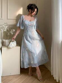 Dazy Tall Đầm dài tay thanh lịch in hoa cổ vuông dành cho nữ dáng cao, đầm mùa hè kiểu dáng nghỉ mát. - Xám Xanh - Xem 6