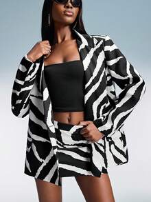 Aveloria GENKIRA Fashionable Design Sense Casual Zebra Reverse Contrast Print Blazer Jacket Paired With Low-Waist Mini Skirt, Oversized Shoulder Design Women Suit Set - Multicolor - View 6