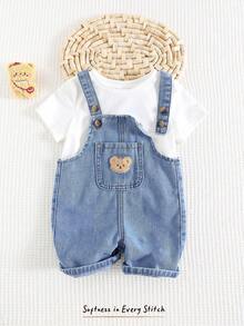 Cozy Pixies 男婴卡通熊图案前口袋牛仔背带短裤 - 中等水洗藍 - 查看 3