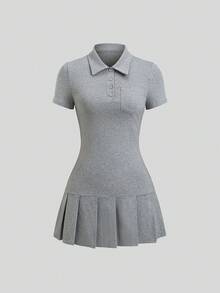 Sweetra Grey Short Sleeve Pleated Mini Polo Dress