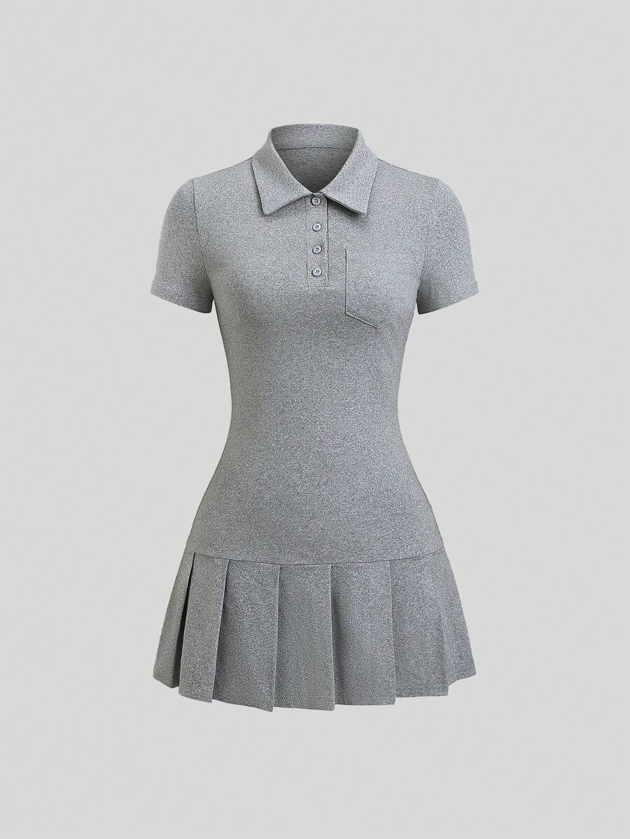 Sweetra Grey Short Sleeve Pleated Mini Polo Dress