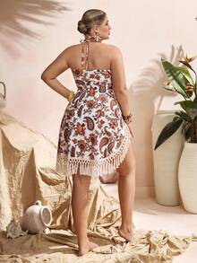 Swim Oasis Bộ áo tắm liền thân cỡ lớn in nhiều màu sắc, cổ chữ V, buộc dây phía trước, kết hợp với chân váy in họa tiết và viền tua rua, trang phục nghỉ dưỡng biển thanh lịch và thời trang. - Nhiều màu - Xem 2