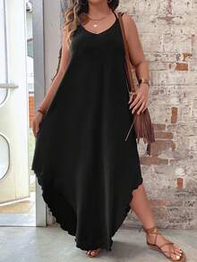 Breezaya Vestido maxi con camiseta de tirantes y dobladillo curvo, talla grande - Negro - Ver 3