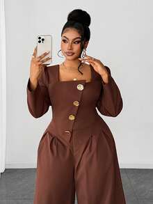 Maweii 复古休闲方领修身加大码两件套 - 棕色 - 查看 2