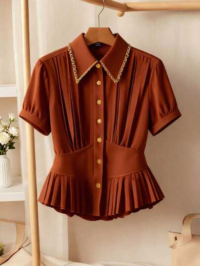 GlowEve CURVE Women's Elegant Casual Commuting Ruched Textured Blouse Elegant Blouses For Women Pleated Brown Top Rust Brown Top Brown Shirts For Women Brown Peplum Blouse