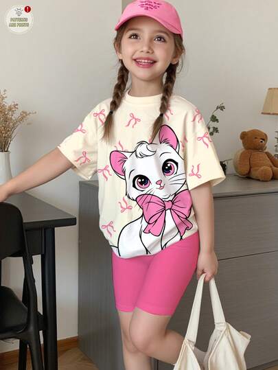 SHEIN 2ชิ้น/ชุด เสื้อยืดแขนสั้นคอกลมลายแมวโบว์น่ารักสไตล์บัลเลต์แฟชั่นหวานสีชมพูครีมเจ้าหญิงและชุดเลกกิ้ง เหมาะสำหรับฤดูใบไม้ผลิ/ฤดูร้อน ฤดูใบไม้ร่วง/ฤดูหนาว ทุกวัน ในร่ม/กลางแจ้ง วันวาเลนไทน์ Y2K น่ารัก เด็กอบอุ่น แฟชั่นฤดูใบไม้ร่วงสำหรับเด็ก สไตล์ใหม่ฤดูใบไม้ร่วง Blossom Vogue เสื้อผ้าเด็กผู้หญิง