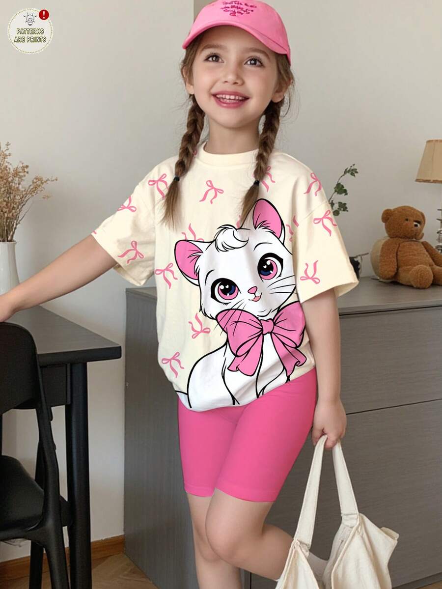 SHEIN Bộ 2 món cho bé gái, kiểu dáng thường ngày, dễ thương, họa tiết mèo thắt nơ, thời trang ngọt ngào, áo thun ngắn tay cổ tròn màu kem hồng công chúa và quần legging, thích hợp cho mùa xuân/hè, thu/đông, mặc hàng ngày, trong nhà/ngoài trời, ngày lễ tình nhân, phong cách Y2K, dễ thương, ấm áp cho trẻ em, thời trang thu đông cho trẻ em, phong cách mới mùa thu, thời trang hoa nở, quần áo bé gái. - Nhiều màu - Xem 1