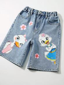 SHEIN Shorts vaqueros de cintura elástica con estampado de pato de dibujos animados para niña preadolescente - Lavado ligero - Ver 5