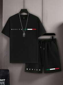 Manfinity LEGND Bộ áo thun ngắn tay và quần short nam kiểu dáng thường ngày in chữ Mexico, thích hợp cho việc đi lại hàng ngày, bộ áo thun ngắn tay và quần short nam in chữ đồ họa kiểu dáng thường ngày mùa hè. - màu đen - Xem 2