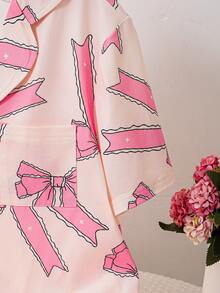 Bộ đồ ngủ 2 món cho bé gái, gồm áo tay ngắn in hình bướm và quần ống rộng, áo sơ mi cổ cài nút + quần ống rộng, đồ mặc nhà ngọt ngào và thoải mái, phù hợp cho mặc thường ngày. - Hồng - Xem 8