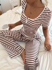 Dream Adore Conjunto de pijama de punto a rayas sencillo para mujer - Top de manga corta y pantalón largo - Marrón - Ver 3
