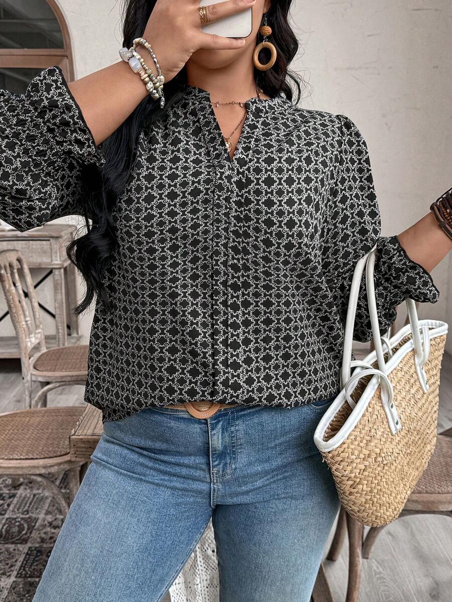 EMERY ROSE 大码休闲度假梭织印花翻领衬衫 - 黑色 - 查看 1