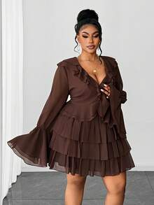 Maweii 大码女式V领荷叶边拼接长袖上衣搭配雪纺多层蛋糕迷你裙，时尚约会派对装扮 - 棕色 - 查看 6