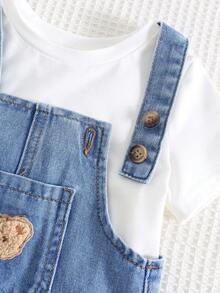 Cozy Pixies 男婴卡通熊图案前口袋牛仔背带短裤 - 中等水洗藍 - 查看 5