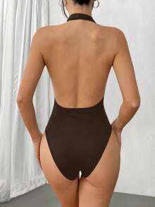 SHEIN Unity 黑色深V领露背连体衣，弹力柔软，舒适时尚，休闲性感，适合娇小女性，春夏款