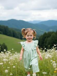 SHEIN 女婴清新编织绿白格子无袖连体衣，腰间饰有蝴蝶结，甜美可爱，适合日常穿着和度假。 - 綠色 - 查看 4