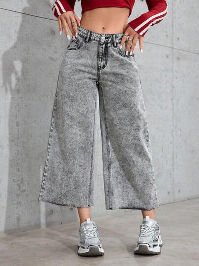 SHEIN PETITE Blugi vintage spălați casual, lungime 3/4, cu picior larg