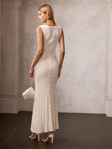 MOTF Soiréza WOMEN'S ELEGANT ROUND NECKLINE SEQUIN MERMAID GOWN – IDEAL FOR WEDDINGS, GALA DINNERS, AWARD CEREMONIES & FORMAL RECEPTIONS - Apricot - View 3